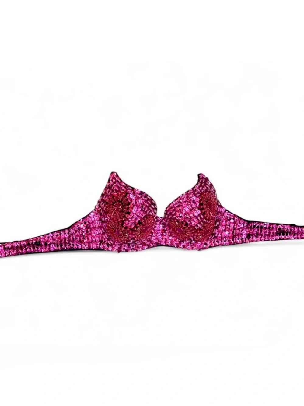 Sequined Heavily Embellished Floral Strapless Bra - Hot Pink Magenta